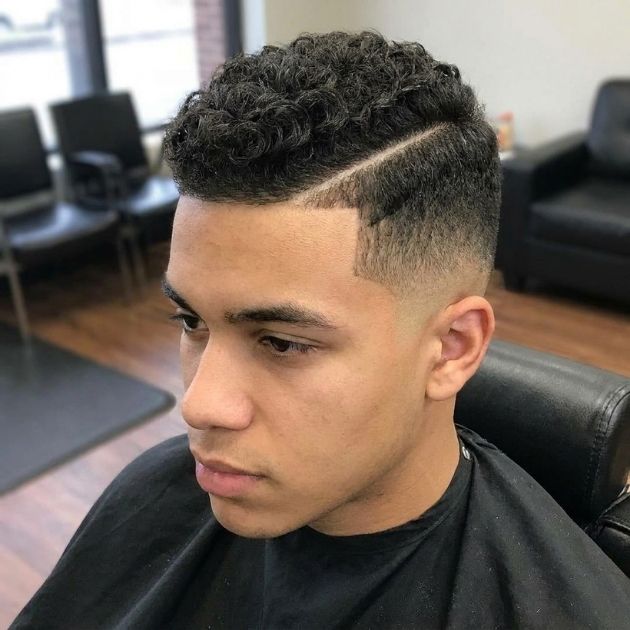 Curly Burst Fade with Hard Part