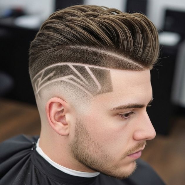 Fade with Hair Tattoos and Hard Parts
