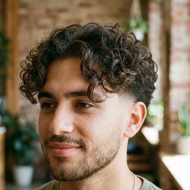 Low Taper Fade Curly Hair Curtain Bangs