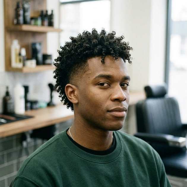 Low Taper Fade Curly Hair Mohawk Style