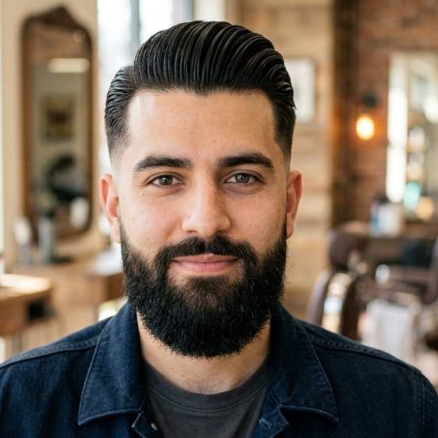 Low Taper Fade Slick Back with Beard