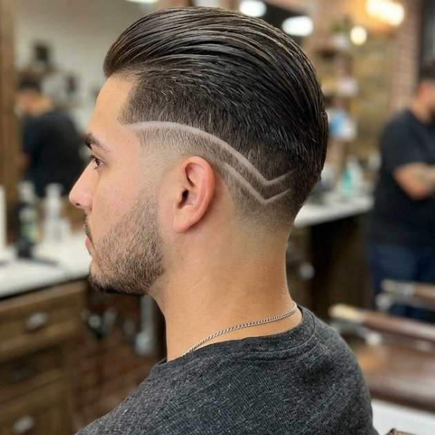 Low Taper Fade Slick Back with Design