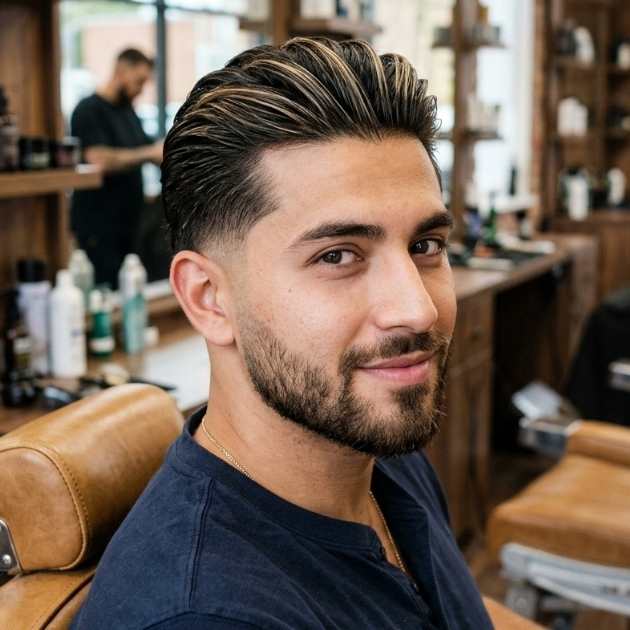 Low Taper Fade Slick Back with Highlights