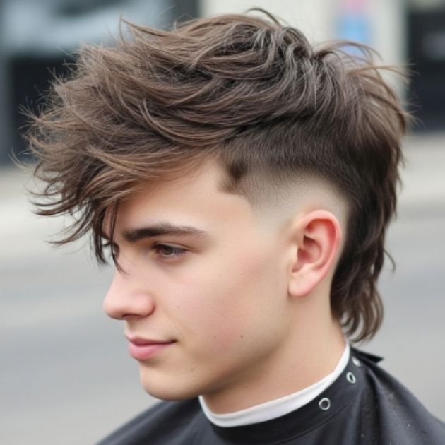 Messy taper fade mullet hairstyle.
