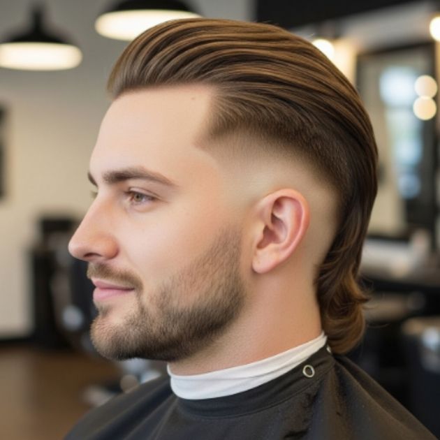 Modern low taper fade mullet hairstyle for men.
