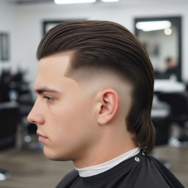 Straight hair low taper fade mullet.
